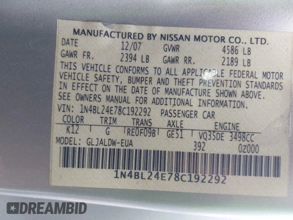 2008 Nissan Altima 3.5 SE with VIN 1N4BL24E78C192292, listed as a IAAI auction lot 42097397 with 137,188 mi miles. Bid and sale history available at carsss.com. Image 9.