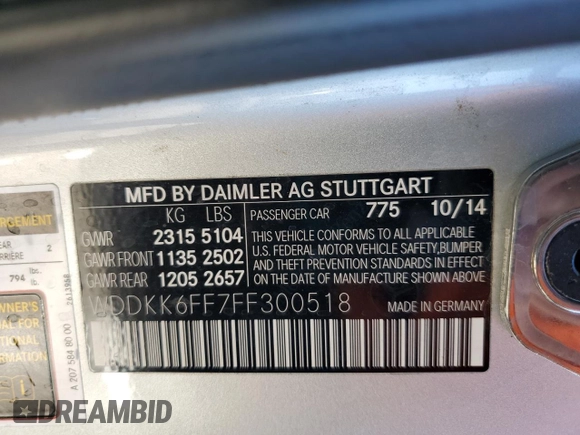 2015 Mercedes-Benz E 400 with VIN WDDKK6FF7FF300518, listed as a Copart auction lot 85859404 with 50,010 mi miles and Salvage title. Bid and sale history available at DreamBid. Image 12.