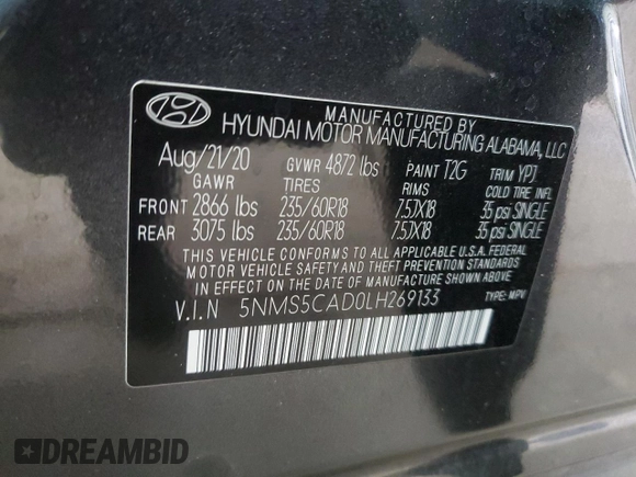 2020 Hyundai Santa Fe Limited with VIN 5NMS5CAD0LH269133, listed as a Copart auction lot 44003195 with 22,075 mi miles and Salvage Title. Bid and sale history available at carsss.com. Image 14.
