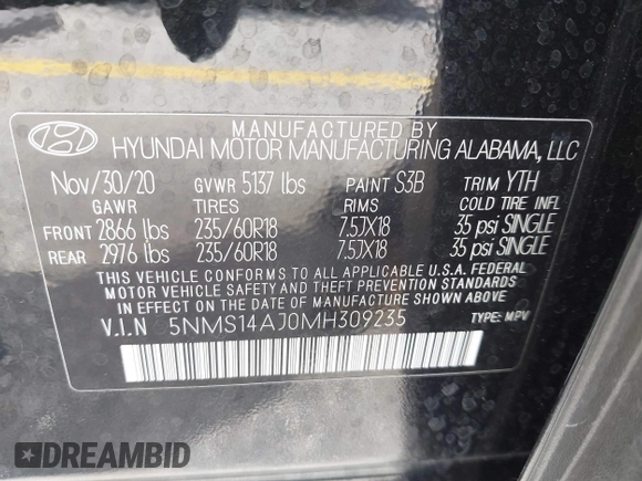 2021 Hyundai Santa Fe SE с VIN 5NMS14AJ0MH309235, выставлен на аукционе IAAI как лот 41919206 с пробегом 41 453 миль миль и . История ставок и продаж доступна на DreamBid. Изображение 9.
