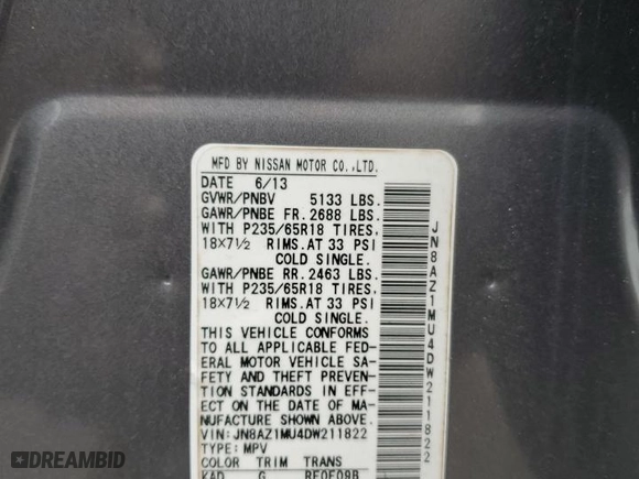 2013 Nissan Murano SV with VIN JN8AZ1MU4DW211822, listed as a Copart auction lot 88175075 with 105,934 mi miles and Clean Title. Bid and sale history available at carsss.com. Image 13.