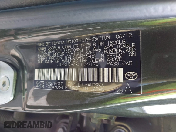 2012 Scion xD with VIN JTKKU4B4XC1027170, listed as a IAAI auction lot 41938238 with 221,685 mi miles and . Bid and sale history available at DreamBid. Image 9.