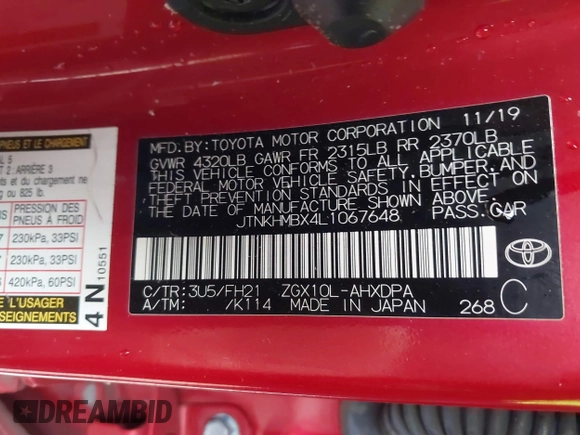 2020 Toyota C-HR LE with VIN JTNKHMBX4L1067648, listed as a IAAI auction lot 41556302 with 64,698 mi miles. Bid and sale history available at carsss.com. Image 9.