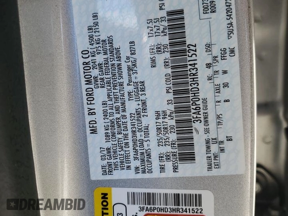 2017 Ford Fusion SE with VIN 3FA6P0HD3HR341522, listed as a Copart auction lot 49865825 with 100,774 mi miles and Salvage Title. Bid and sale history available at carsss.com. Image 13.