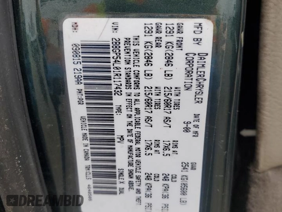 2001 Dodge Caravan ES with VIN 2B8GP54L01R117432, listed as a Copart auction lot 84896924 with 207,991 mi miles and Salvage Title. Bid and sale history available at carsss.com. Image 14.