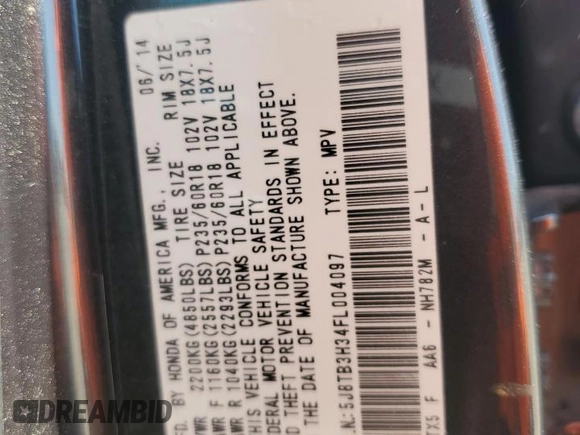 2015 Acura RDX with VIN 5J8TB3H34FL004097, listed as a Copart auction lot 52147445 with 74,594 mi miles and Salvage Title. Bid and sale history available at DreamBid. Image 13.