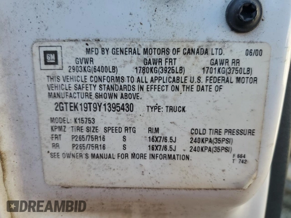 2000 GMC New Sierra 1500 SLE with VIN 2GTEK19T9Y1395430, listed as a Copart auction lot 75160294 with 0 mi miles and Salvage Title. Bid and sale history available at carsss.com. Image 12.