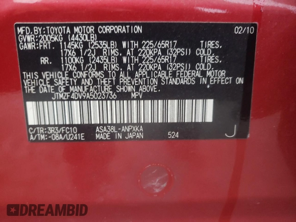 2010 Toyota RAV4 with VIN JTMZF4DV9A5023736, listed as a Copart auction lot 44595515 with 136,810 mi miles and Salvage Title. Bid and sale history available at carsss.com. Image 13.