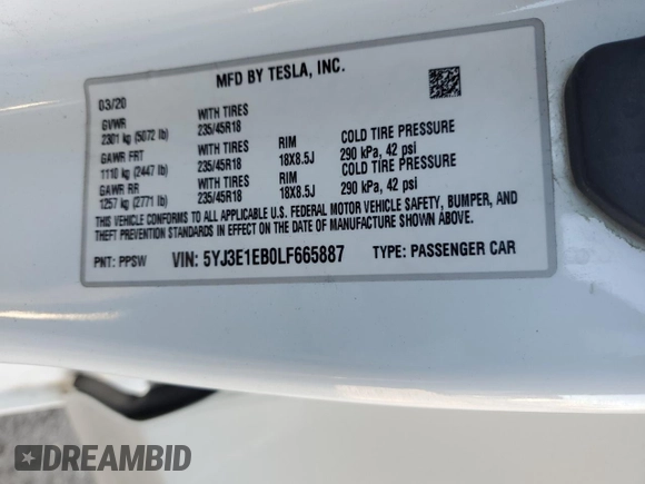 2020 Tesla Model 3 Long Range with VIN 5YJ3E1EB0LF665887, listed as a Copart auction lot 48985245 with 50,309 mi miles and Salvage Title. Bid and sale history available at DreamBid. Image 13.