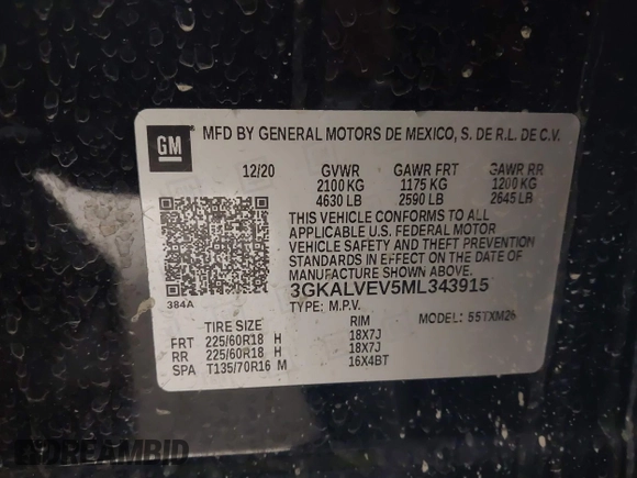 2021 GMC Terrain SLT with VIN 3GKALVEV5ML343915, listed as a IAAI auction lot 41709567 with 67,243 mi miles and . Bid and sale history available at DreamBid. Image 9.