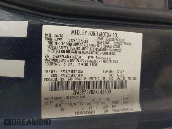 2010 Ford Police Interceptor с VIN 2FABP7BV8AX143700, выставлен на аукционе IAAI как лот 42202885 с пробегом 100 000 миль миль и . История ставок и продаж доступна на DreamBid. Изображение 9.