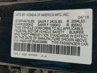 2018 Honda Accord EX-L with VIN 1HGCV2F59JA039986, listed as a Copart auction lot 53846855 with 71,858 mi miles and Non repairable. Bid and sale history available at DreamBid. Image 13.