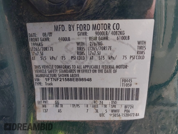 2008 Ford F-250 XL z VIN 1FTNF21588EB98948, wystawiony jako IAAI lot #41600877 z przebiegiem 179 802 mil mil oraz . Historia ofert i sprzedaży dostępna na DreamBid. Obrazek 9.