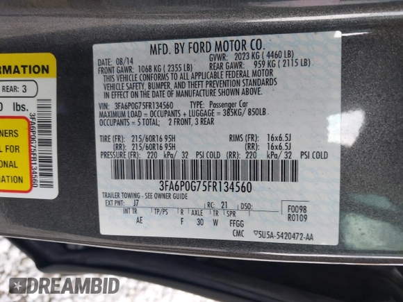 2015 Ford Fusion S with VIN 3FA6P0G75FR134560, listed as a IAAI auction lot 41950540 with 107,070 mi miles and . Bid and sale history available at DreamBid. Image 9.