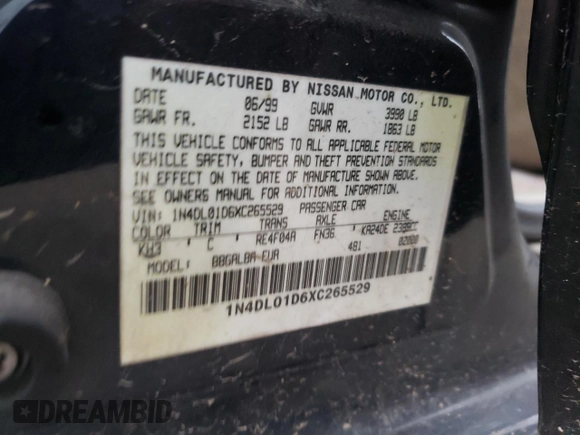 1999 Nissan Altima XE with VIN 1N4DL01D6XC265529, listed as a Copart auction lot 43203205 with 155,388 mi miles and Salvage Title. Bid and sale history available at carsss.com. Image 13.