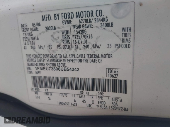 2006 Ford Explorer XLT z VIN 1FMEU73806UB54242, wystawiony jako IAAI lot #42408147 z przebiegiem Nie podano mil oraz . Historia ofert i sprzedaży dostępna na DreamBid. Obrazek 9.