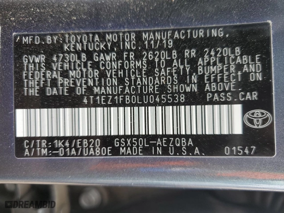 2020 Toyota Avalon XSE with VIN 4T1EZ1FB0LU045538, listed as a Copart auction lot 82387744 with 17,909 mi miles and Salvage Title. Bid and sale history available at carsss.com. Image 12.
