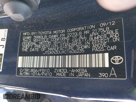 2012 Toyota Prius One z VIN JTDKN3DUXC1606235, wystawiony jako IAAI lot #42379298 z przebiegiem 169 332 mil mil oraz . Historia ofert i sprzedaży dostępna na DreamBid. Obrazek 9.