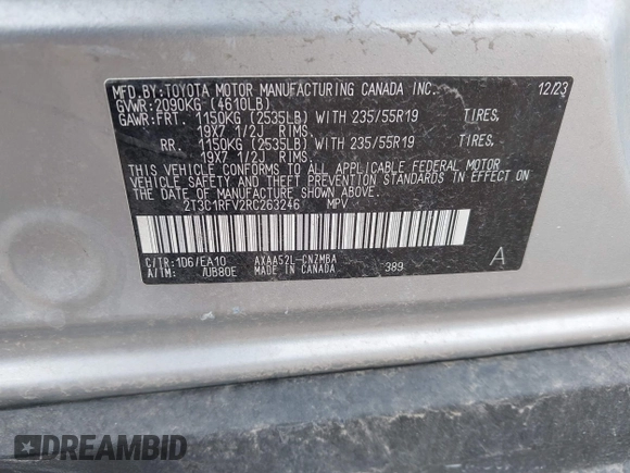 2024 Toyota RAV4 XLE Premium with VIN 2T3C1RFV2RC263246, listed as a IAAI auction lot 42156347 with 23,456 mi miles and . Bid and sale history available at DreamBid. Image 9.