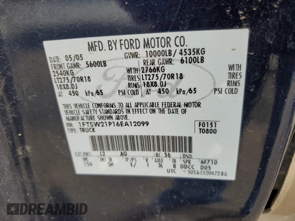 2006 Ford Super Duty F-250 XL with VIN 1FTSW21P16EA12099, listed as a Copart auction lot 64007814 with 210,249 mi miles and Salvage Title. Bid and sale history available at carsss.com. Image 12.