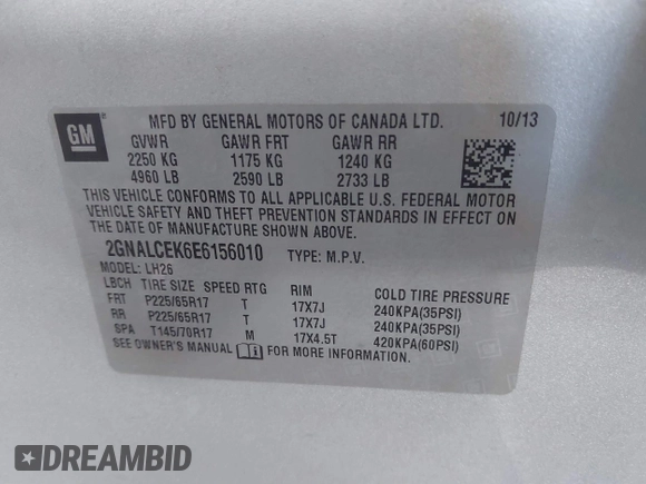 2014 Chevrolet Equinox LT with VIN 2GNALCEK6E6156010, listed as a IAAI auction lot 41869019 with 130,564 mi miles. Bid and sale history available at carsss.com. Image 9.