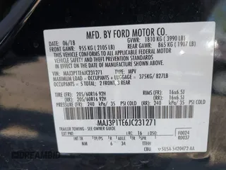 2018 Ford EcoSport SE z VIN MAJ3P1TE6JC231271, wystawiony jako IAAI lot #42168431 z przebiegiem 59 053 mil mil oraz . Historia ofert i sprzedaży dostępna na DreamBid. Obrazek 9.