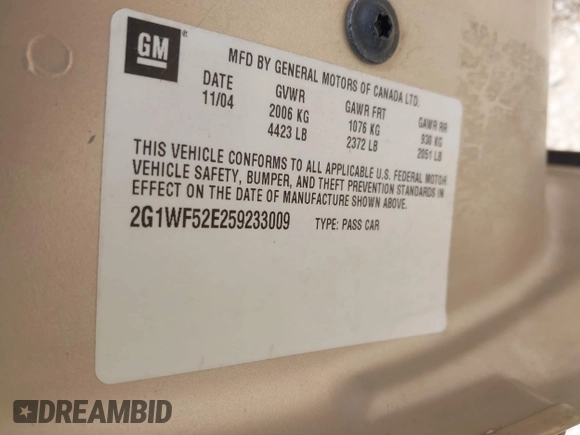 2005 Chevrolet Impala with VIN 2G1WF52E259233009, listed as a IAAI auction lot 42020066 with Not Provided miles and . Bid and sale history available at DreamBid. Image 9.