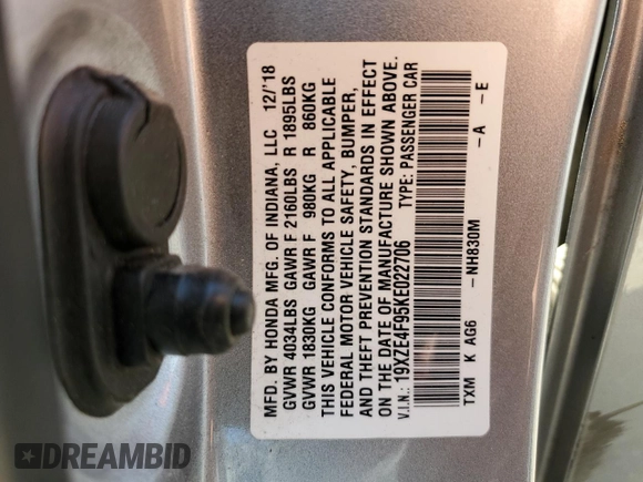 2019 Honda Insight Touring with VIN 19XZE4F95KE022706, listed as a Copart auction lot 52187015 with 58,294 mi miles and Salvage Title. Bid and sale history available at DreamBid. Image 12.