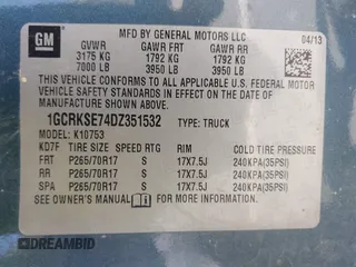 2013 Chevrolet Silverado 1500 LT with VIN 1GCRKSE74DZ351532, listed as a IAAI auction lot 42052732 with 232,992 mi miles and . Bid and sale history available at DreamBid. Image 9.