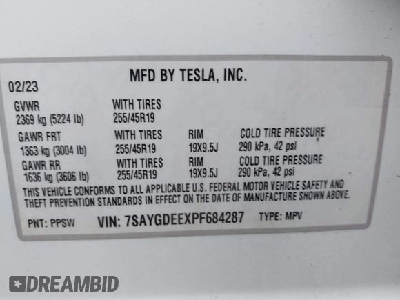 2023 Tesla Model Y Long Range with VIN 7SAYGDEEXPF684287, listed as a IAAI auction lot 41961230 with 45,080 mi miles and . Bid and sale history available at carsss.com. Image 9.