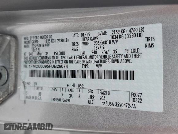 2015 Ford Escape Titanium with VIN 1FMCU0J95FUB26074, listed as a Copart auction lot 88052385 with 167,475 mi miles and Clean Title. Bid and sale history available at DreamBid. Image 12.