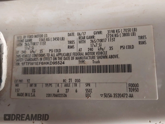 2017 Ford F-150 XL с VIN 1FTFW1EF6HKD95524, выставлен на аукционе IAAI как лот 41782825 с пробегом 78 958 миль миль и . История ставок и продаж доступна на DreamBid. Изображение 9.