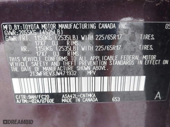 2018 Toyota RAV4 XLE with VIN 2T3WFREV3JW471932, listed as a IAAI auction lot 41491431 with 50,715 mi miles. Bid and sale history available at carsss.com. Image 9.