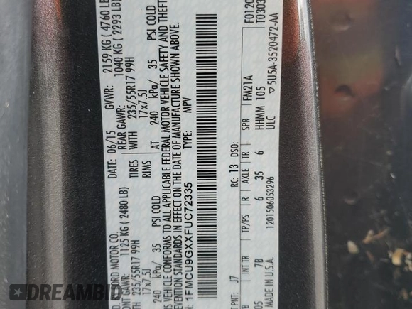 2015 Ford Escape SE with VIN 1FMCU9GXXFUC72335, listed as a Copart auction lot 51114735 with 157,471 mi miles and Salvage Title. Bid and sale history available at DreamBid. Image 13.