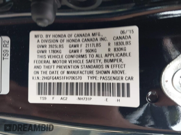 2015 Honda Civic Si with VIN 2HGFG4A51FH706570, listed as a IAAI auction lot 42171465 with 75,510 mi miles and . Bid and sale history available at DreamBid. Image 9.