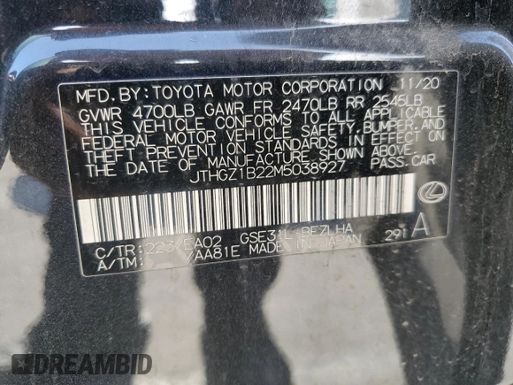 2021 Lexus IS 350 F Sport с VIN JTHGZ1B22M5038927, выставлен на аукционе Copart как лот 61062005 с пробегом 53 439 миль миль и Списание • Salvage title. История ставок и продаж доступна на DreamBid. Изображение 12.