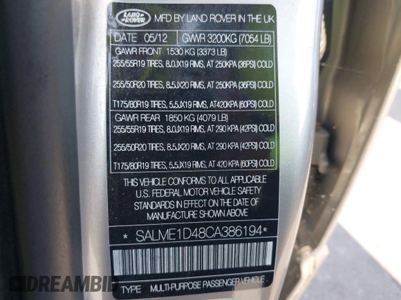 2012 Land Rover Range Rover HSE with VIN SALME1D48CA386194, listed as a IAAI auction lot 42840203 with 172,294 mi miles and . Bid and sale history available at DreamBid. Image 9.