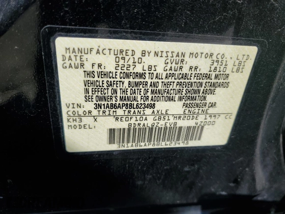 2011 Nissan Sentra 2.0 with VIN 3N1AB6AP8BL623498, listed as a Copart auction lot 51595715 with 102,741 mi miles and Salvage Title. Bid and sale history available at DreamBid. Image 14.