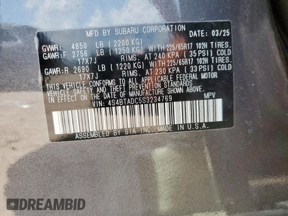 2025 Subaru Outback Premium with VIN 4S4BTADC5S3234769, listed as a Copart auction lot 66812325 with 1,786 mi miles and Salvage title. Bid and sale history available at DreamBid. Image 13.