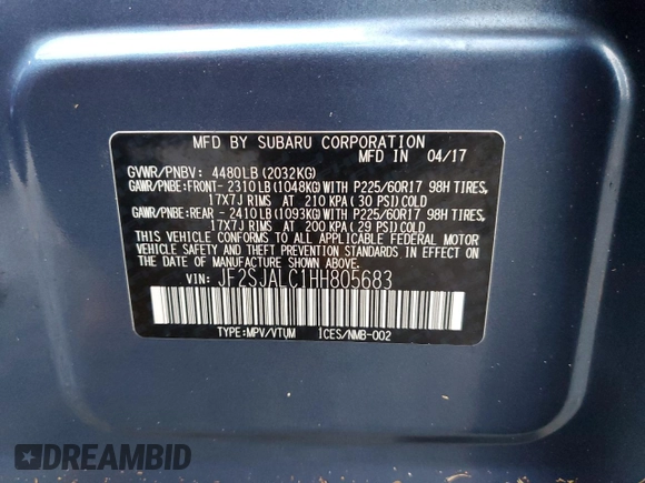 2017 Subaru Forester Limited with VIN JF2SJALC1HH805683, listed as a Copart auction lot 62184012 with 0 mi miles. Bid and sale history available at carsss.com. Image 10.