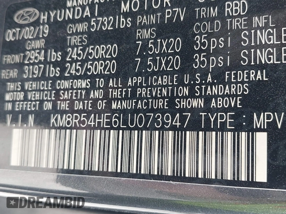2020 Hyundai Palisade Limited z VIN KM8R54HE6LU073947, wystawiony jako IAAI lot #42149911 z przebiegiem 59 202 mil mil oraz . Historia ofert i sprzedaży dostępna na DreamBid. Obrazek 9.