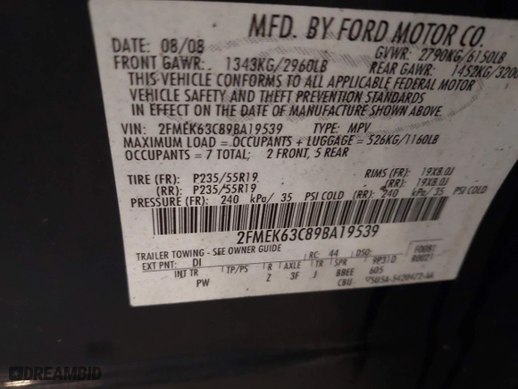 2009 Ford Flex Limited with VIN 2FMEK63C89BA19539, listed as a IAAI auction lot 41872745 with 224,422 mi miles. Bid and sale history available at carsss.com. Image 9.