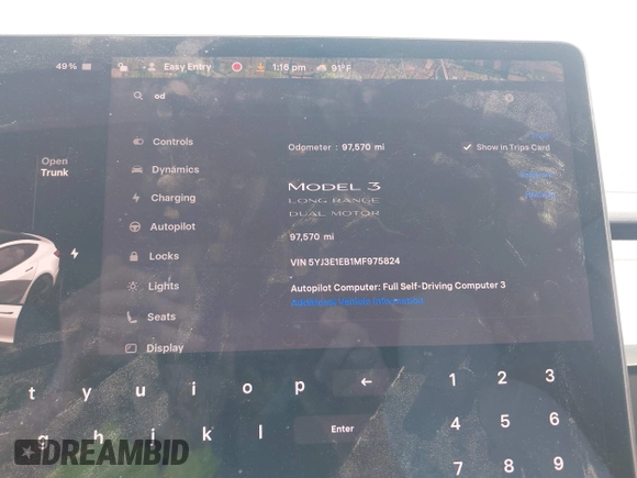 2021 Tesla Model 3 Long Range z VIN 5YJ3E1EB1MF975824, wystawiony jako IAAI lot #42146968 z przebiegiem 97 570 mil mil oraz . Historia ofert i sprzedaży dostępna na DreamBid. Obrazek 7.