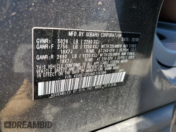 2021 Subaru Outback Touring XT with VIN 4S4BTGPDXM3156368, listed as a Copart auction lot 62634745 with 29,335 mi miles and Salvage title. Bid and sale history available at DreamBid. Image 13.