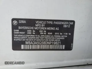 2013 BMW 3 Series 328i with VIN WBA3A5G58DNP19821, listed as a Copart auction lot 55409755 with 110,257 mi miles and Salvage Title. Bid and sale history available at DreamBid. Image 13.