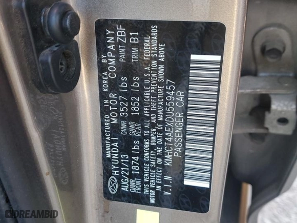 2013 Hyundai Accent GLS with VIN KMHCT4AEXDU559457, listed as a Copart auction lot 85445574 with 172,401 mi miles and Salvage Title. Bid and sale history available at carsss.com. Image 12.