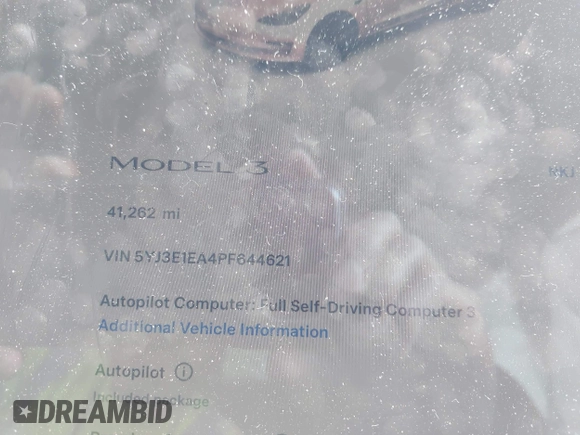 2023 Tesla Model 3 with VIN 5YJ3E1EA4PF644621, listed as a IAAI auction lot 42280312 with 41,262 mi miles and . Bid and sale history available at DreamBid. Image 15.