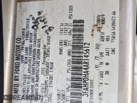 2010 Ford Fusion SE with VIN 3FAHP0HA4AR145612, listed as a Copart auction lot 50616745 with 177,935 mi miles and Salvage Title. Bid and sale history available at DreamBid. Image 13.