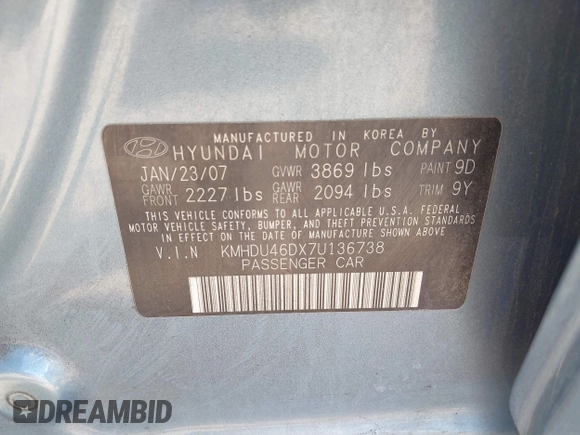 2007 Hyundai Elantra GLS with VIN KMHDU46DX7U136738, listed as a IAAI auction lot 42606826 with 170,729 mi miles and . Bid and sale history available at DreamBid. Image 9.