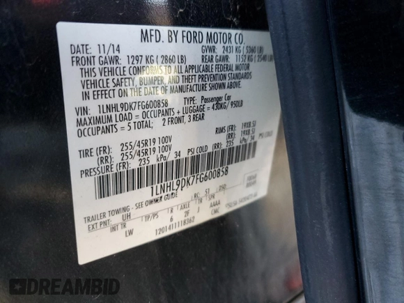 2015 Lincoln MKS z VIN 1LNHL9DK7FG600858, wystawiony jako Copart lot #46167275 z przebiegiem 208 674 mil mil oraz Szkoda całkowita • Salvage title. Historia ofert i sprzedaży dostępna na DreamBid. Obrazek 12.
